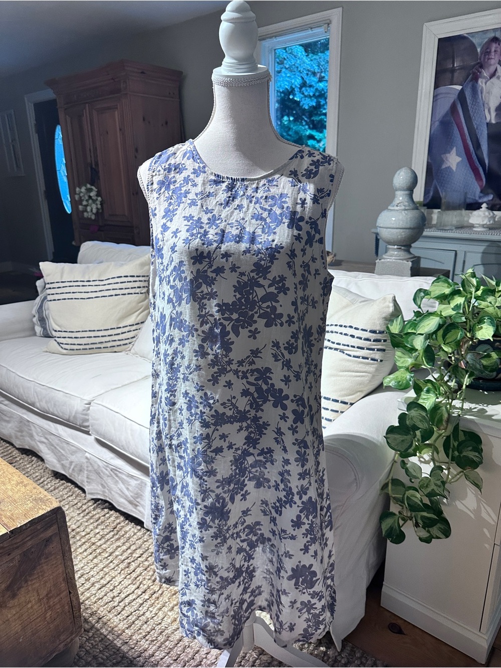 Terzo Millennio Italian Linen Blue Floral Midi Dress XL